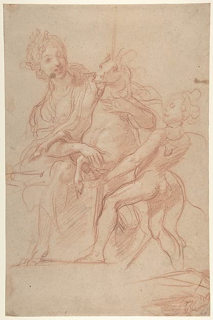 Allegorical Figure of Purity with a Unicorn and Putto (recto); Study of a Nude Boy (verso), by Baldassarre Franceschini (il Volterrano)