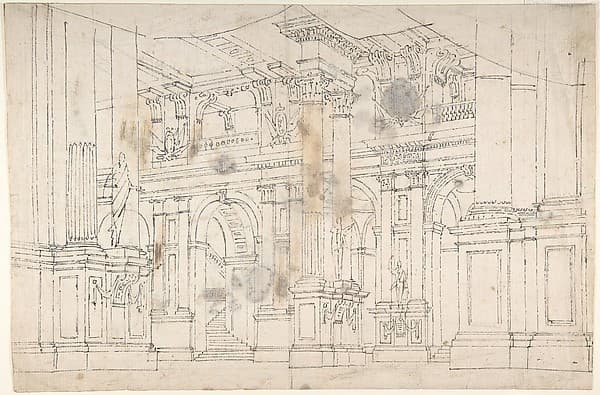 Outline Drawing: Stage Set Design for a Performance of "Iphigenia". Verso: Two Designs for Palace Interiors., by Fabrizio Galliari