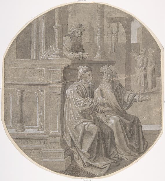 Mordecai overhears the two Conspirators plotting against the King., by Pseudo-Aert Ortkens