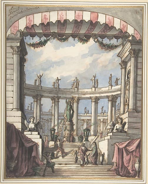 Design for a Stage Set: A Classical Courtyard and Colonnade with a Statue of Minerva, by Leonardo Marini