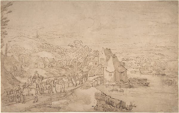 River Landscape with Wagons on a Road near a Village, by Joos de Momper the Younger