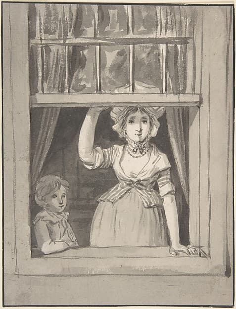 A Woman Standing at an Open Sash Window, a Small Boy Beside Her, by Anthonie Andriessen