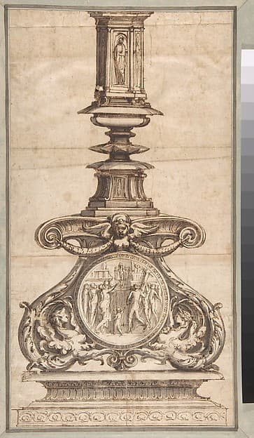 Design of a Candlestick with Winged Figures at Base Surrounding Scenic Medallion, by Perino del Vaga (Pietro Buonaccorsi)