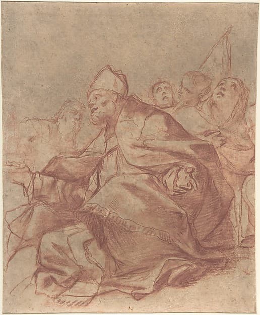 Seated Bishop with Arms Extended and Three Attendant Figures (recto); Head of a Lion and Perspective Diagrams (verso), by Mattia Preti (Il Cavalier Calabrese)