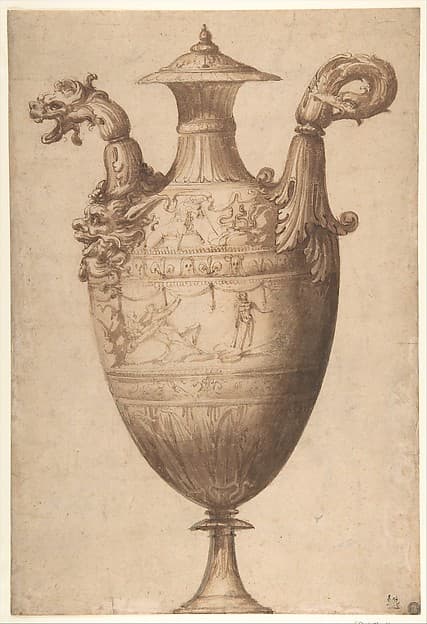 Design for a Vase with Hercules and Farnese Lilies, by Francesco Salviati (Francesco de' Rossi)