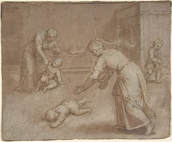 Two women and three children in an interior, by Otto van Veen