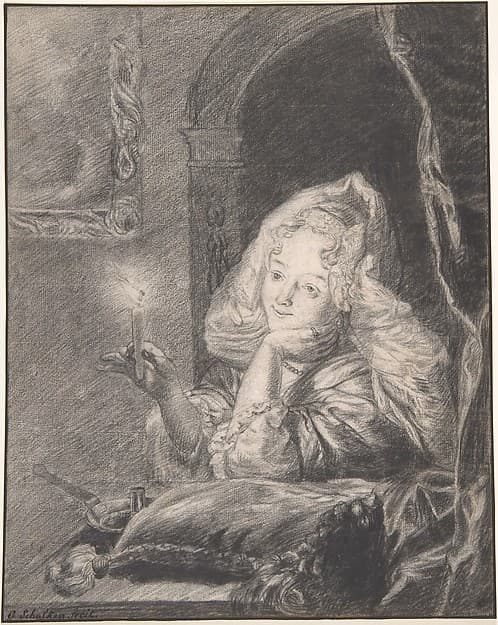 Young Woman Seated at a Table, Holding a Candle, by Godfried Schalcken