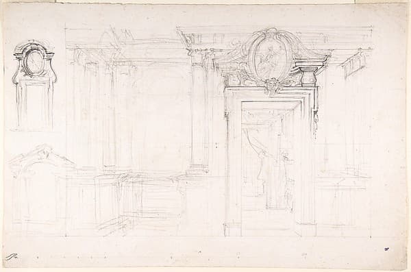 Architectural Sketch for the design of a Wall with Doorway, with two smaller sketches for the design of windows or doorways (recto); Sketches for a plan and partial perspective view of ceiling (verso), by Luigi Vanvitelli