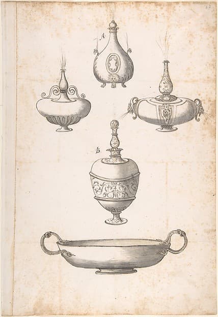 Design for Shallow Two Handled Dish and Four Perfume Bottles, by Erasmus Hornick