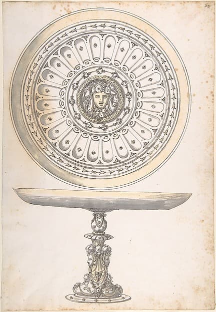 Shallow Round Dish on tall Pedestal Decorated with Fruit and Female Masks, by Erasmus Hornick
