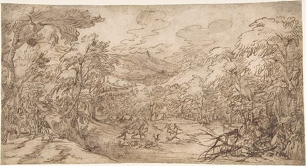Wooded Landscape with Stag Hunt, by Tobias Verhaecht