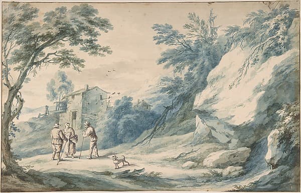A landscape with travelers, a ruined building and a fortified town, by Adriaen Fransz. Boudewijns