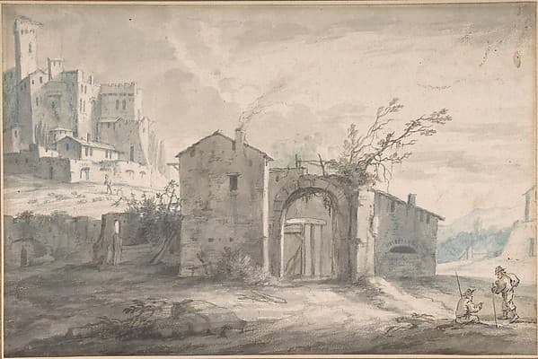 A landscape with a farm house and two figures, a fortified village seen beyond, by Adriaen Fransz. Boudewijns
