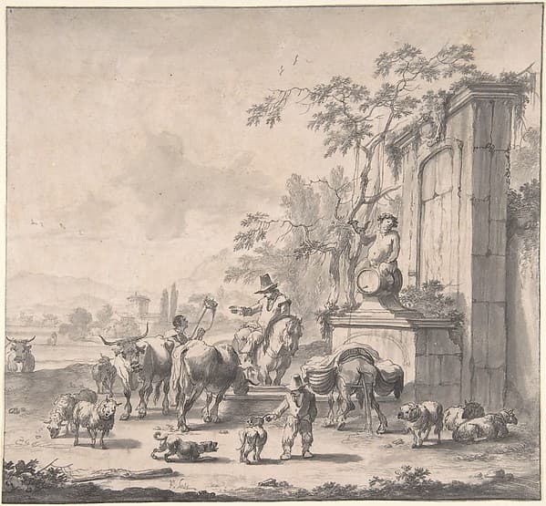 Landscape with Herdsmen, Sheep and Cows Around a Fountain, by Pieter Bout
