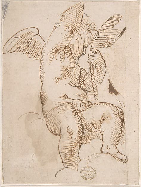 Cupid Seated on a Cloud and Holding a Palm (?), by Anonymous, Italian, Emilian, mid-16th century