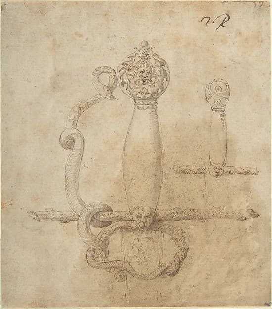 Two Designs for the Hilt of a Sword (recto); Two Designs for Helmets (verso), by Anonymous, Italian, mid-16th century