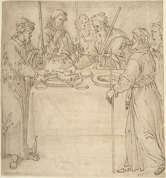 Four Travelers Sharing a Meal?, by Anonymous, Italian, mid-16th century