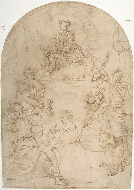 Saint Roch Recommending a Woman with a Sick Child to the Virgin (recto); Figure of a Man Holding a Book; Nude Figure of a Man (verso), by Anonymous, Italian, 16th century