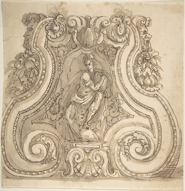Design for the Base of a Candle Stick with a Seated Female(?) Figure, by Anonymous, Central-Italian, 16th century