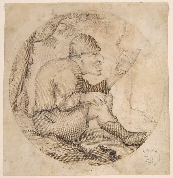 Seated Old Man Facing Right, Singing and Holding Music, by Anton Crussens