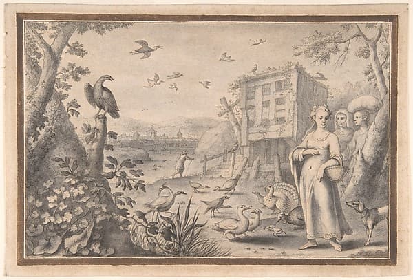 Landscape with Three Figures and Birds, by Albert Flamen