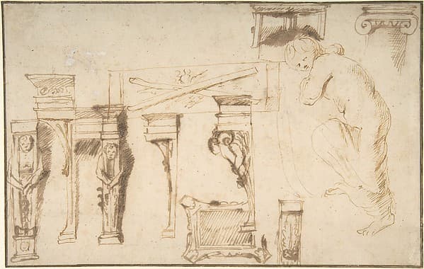 Design for a Chimney Place and Study of a Nude Female Figure, by Anonymous, Flemish, 17th century