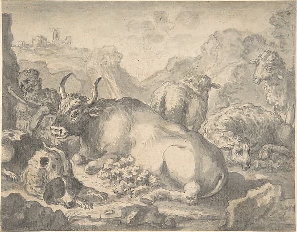 Sheperd with his Flock and a Dog, by Anonymous, Flemish, 17th century