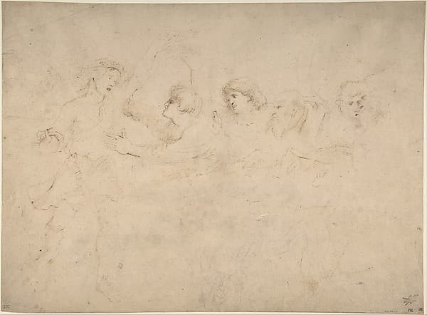 Alcibiades Interrupting the Symposium (recto); Sketches of the Baptism of Christ and of a Man (verso), by Peter Paul Rubens