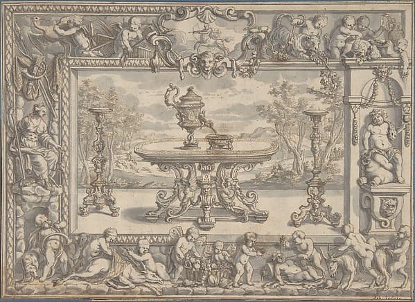 Design for an Ewer, table and candelabra within an ornamental frame, by Abraham Drentwett the Elder