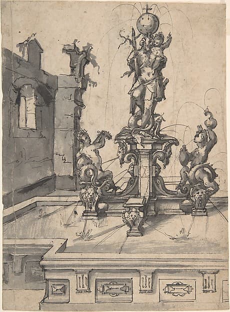 Design for an Elaborate Fountain Surmounted by a Statue of St. Christopher; verso: Studies of Architectural Details, by Wendel Dietterlin, the Elder