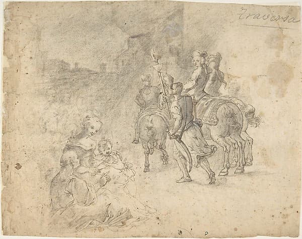 Military Cavaliers Entering Town Accompanied by a Turbaned Torch-bearer. In the foreground: Two Seated Women and a Child (recto); Several Cooks, and Two Pages with a Platter in a Kitchen Yard (verso), by Corrado Giaquinto