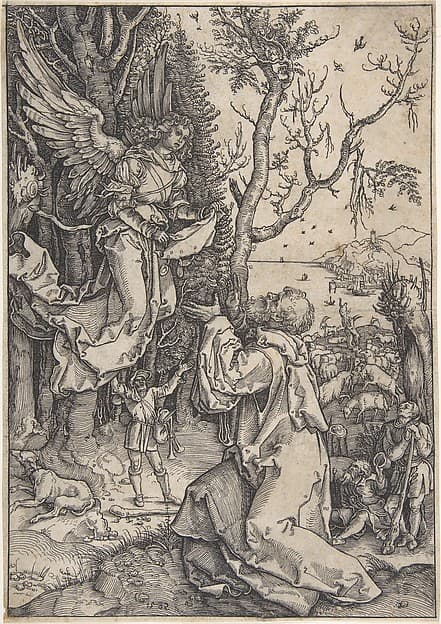 Joachim and the Angel (recto); Three figures with loose draperies (verso, in upper right hand corner), by Anton Möller the Elder