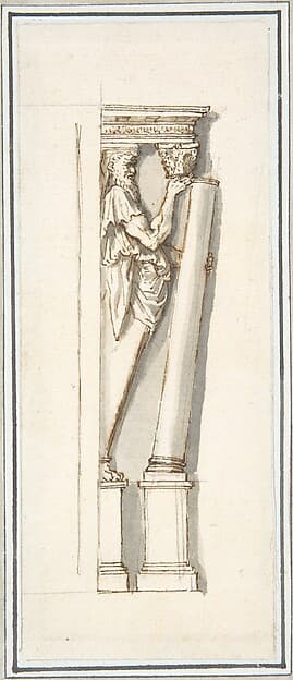 An Architectural Detail: A Herm Figure Placing or Removing a Column from Under an Entablature (after Stucco Frame by Daniele da Volterra from Orsini Chapel, Santa Trinità dei Monti), by Anonymous, Italian, 18th century