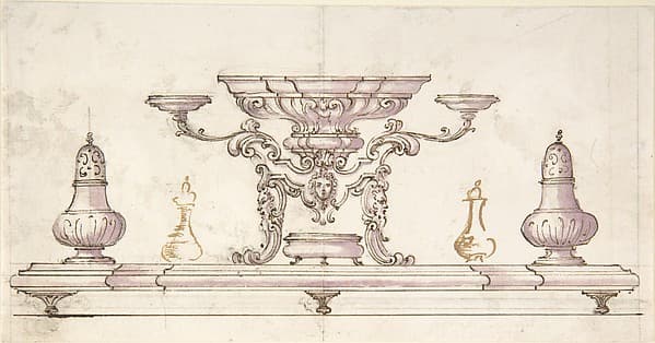 Drawing for Centerpiece and Salt Cellars, by Anonymous, Italian, 18th century