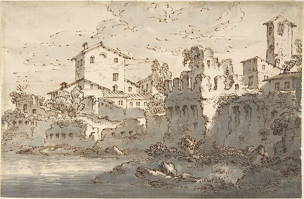 Houses by a River, by Anonymous, Italian, Venetian, 18th century