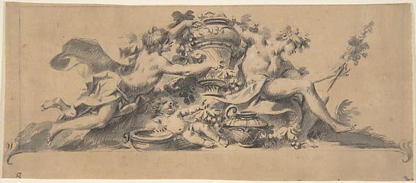 Design for a Vignette (?) with Two Figures flanking a Vase, by Anonymous, Italian, 18th century