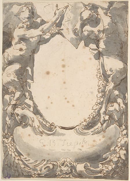 Design for a Double Cartouche flanked by Satyrs (Frontispiece?), by Anonymous, Italian, Venetian, 18th century