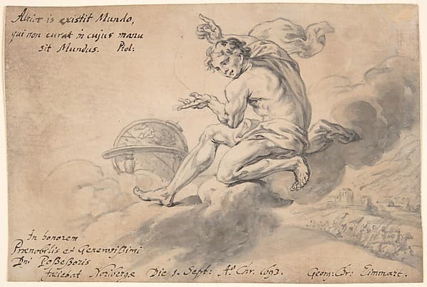 Man Sitting on a Cloud Above a Battlefield, Pointing to a Globe, by Georg Christoph Eimmart the Younger