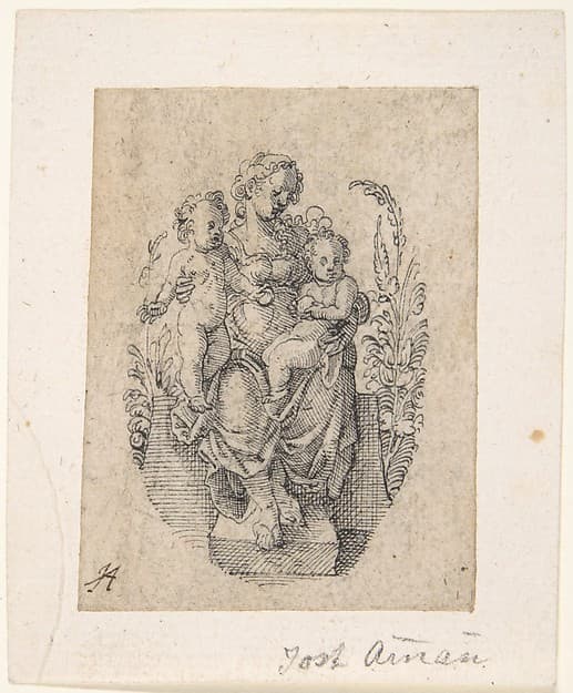 A Seated Personification of Charity with two Children, by Jost Amman
