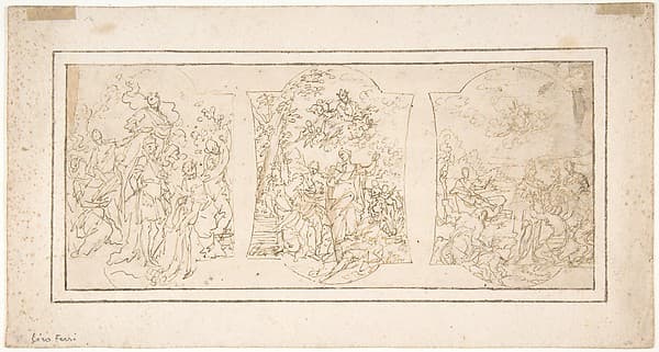 Drawing for Ceiling Decoration Consisting of Three Panels Each Showing a Different Scene with Figures, by Ciro Ferri