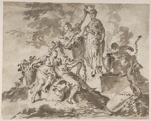 Nymphs Adorning the Statue of a Goddess (recto); River God with Three Nymphs (verso), by Anonymous, Italian, Venetian, 18th century