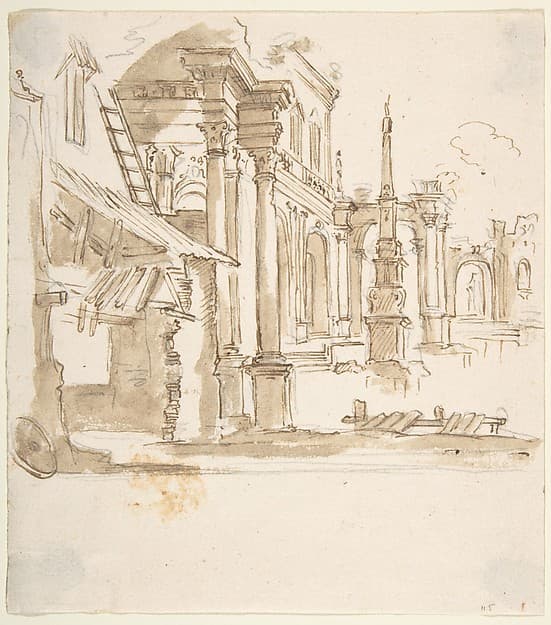 Capriccio with Architectural Ruins in Perspective, by Anonymous, Italian, Piedmontese, 18th century