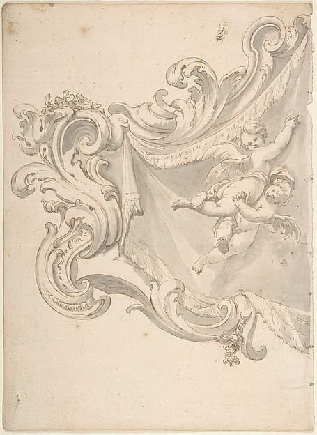 Design for a Crest with Drapery and Two Putti, by Anonymous, Italian, Piedmontese, 18th century
