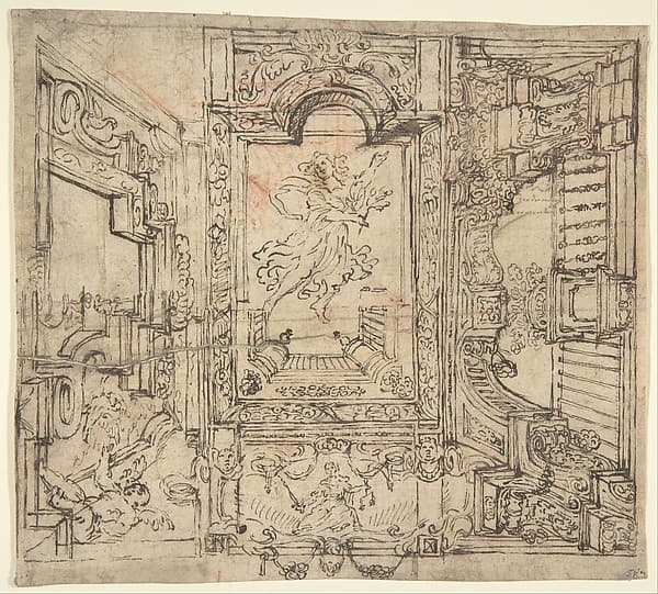 Design for a Painted Ceiling: Perspective Architectural with a Figure at the Center, by Anonymous, Italian, Piedmontese, 18th century