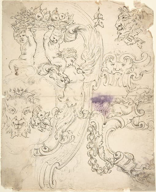Various Sketches for Cartouches, with Satyr Heads, Putti, etc., by Anonymous, Italian, Piedmontese, 18th century