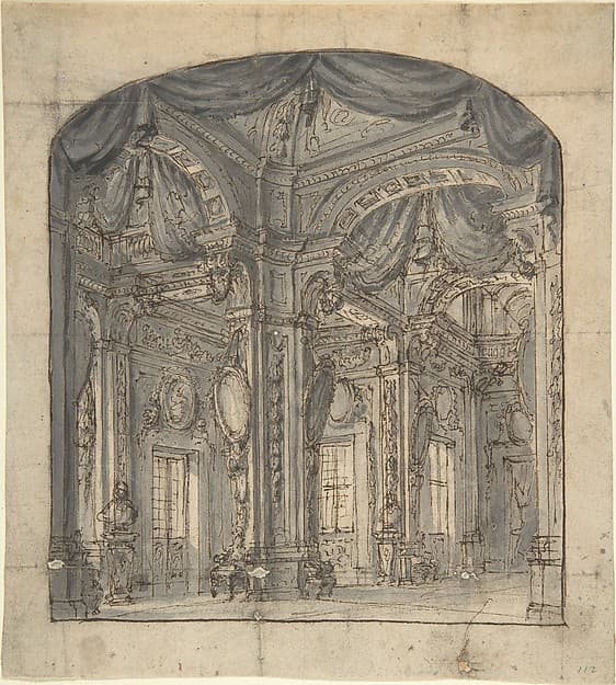 Stage Set of a Room Interior with Receding Perspective, by Anonymous, Italian, Piedmontese, 18th century