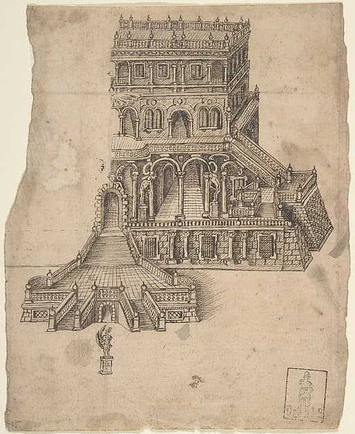 Half design for a palace - fortress with a statue in front, by Anonymous, German, 16th century