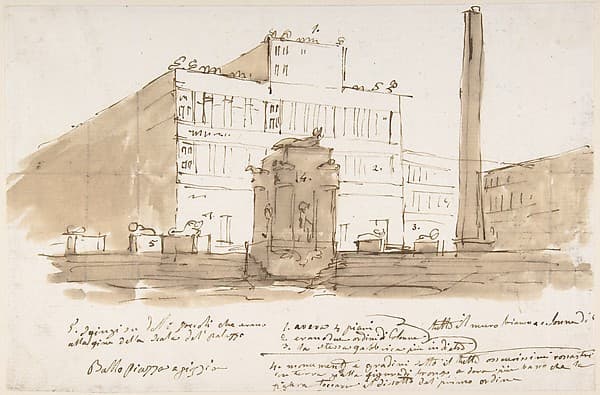 Stage design: piazza with a building, an obelisk, and a monument. Building and monument with numbers referring to inscription below., by Anonymous, Italian, Venetian, 18th century