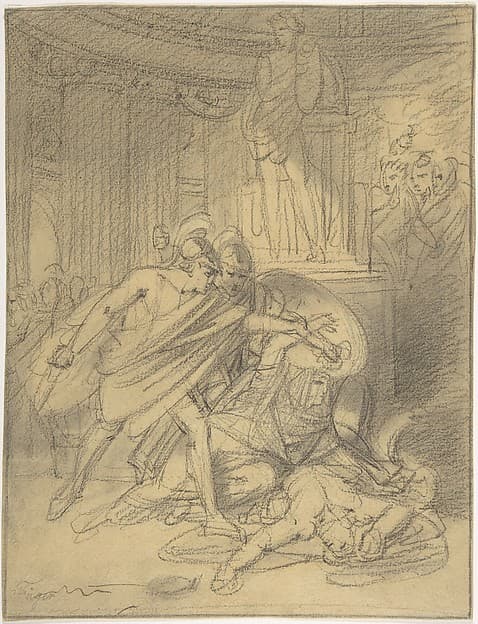 Two Warriors in Classical Costume Bending over Two Figures, by Heinrich Friedrich Füger