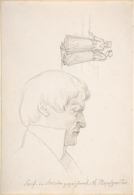 Study Sheet with a Portrait of Carl Julius Senff and Two Italian Women Walking, by August Ferdinand Hopfgarten
